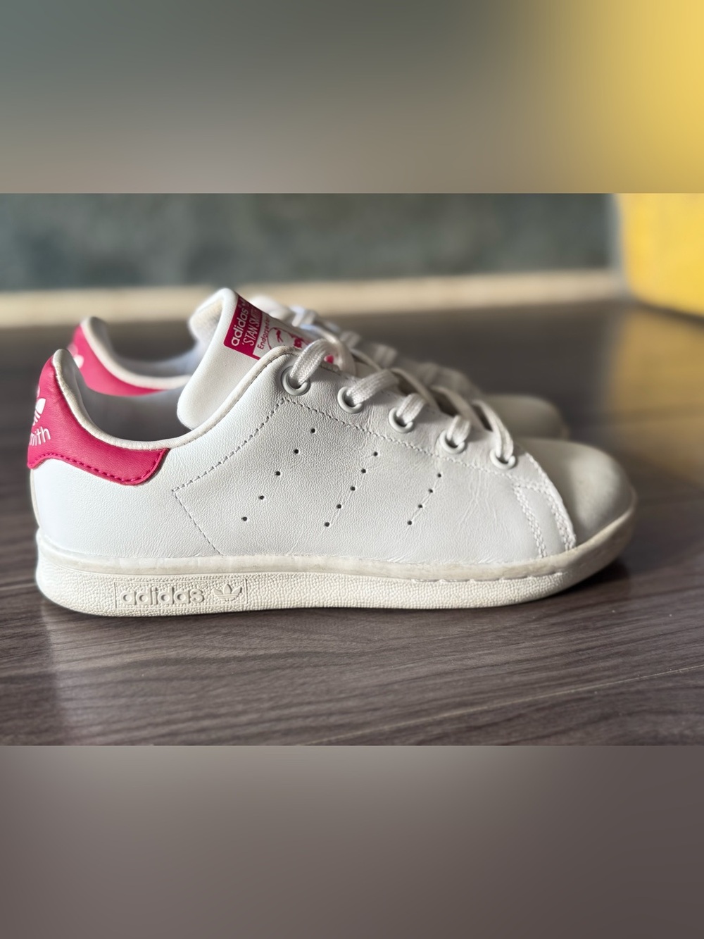 adidas White Leather Sneakers with Pink Heel and Tongue Accents